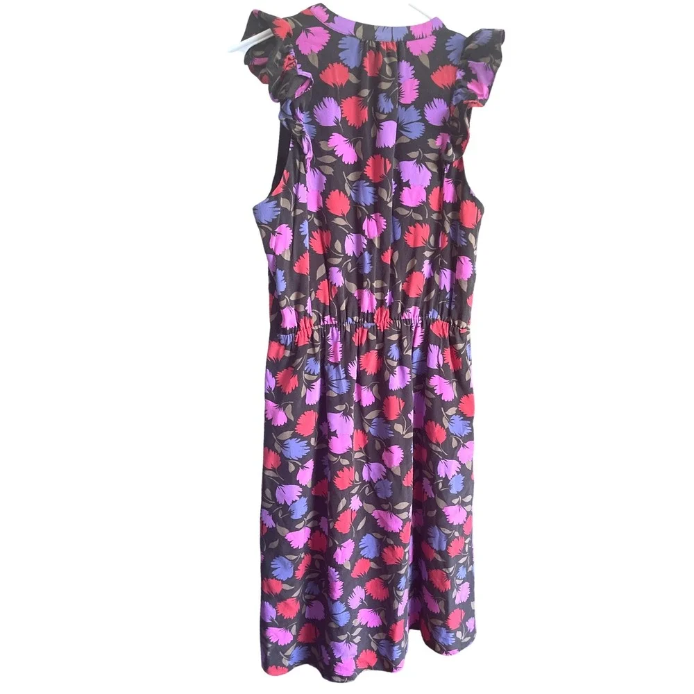 J.Crew Vibrant Floral Flutter Sleeve Black Silk Button Front‎ MIDI Dress  2